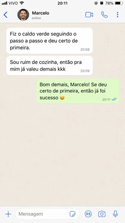 Depoimento de cliente no WhatsApp